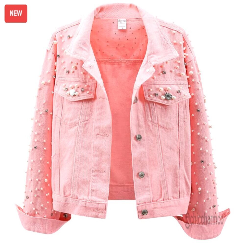 Cropped Denim Jacket with Pearls and Rhinestones, Cotton Polyester Blend